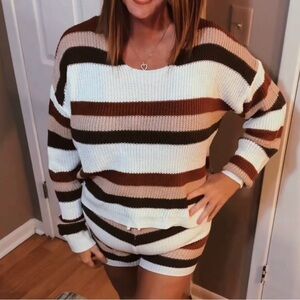 Two-piece striped sweater and drawstring shorts set